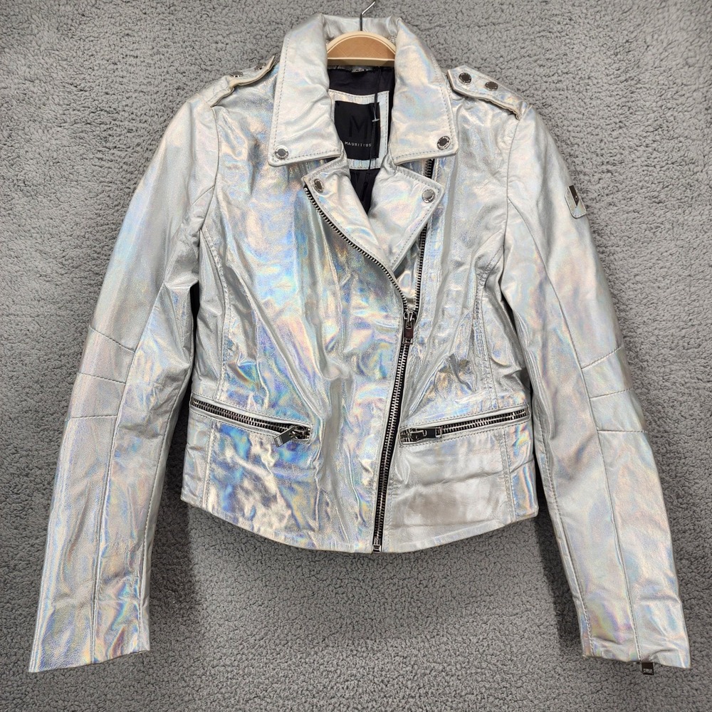Mauritius Holographic Moto Jacket Silver Metallic Lamb Leather Full Zip Small‎